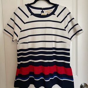 NWT Women’s Michael Kors Navy, White & Red Striped Peplum Top